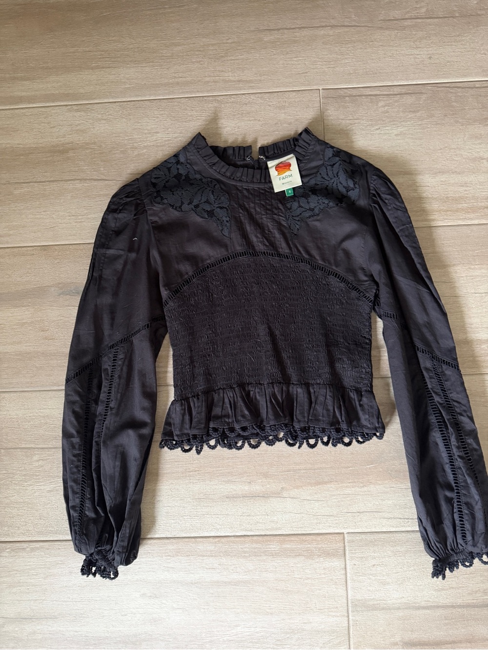 FARM Rio Black Lace-Trim Smocked Peplum Blouse